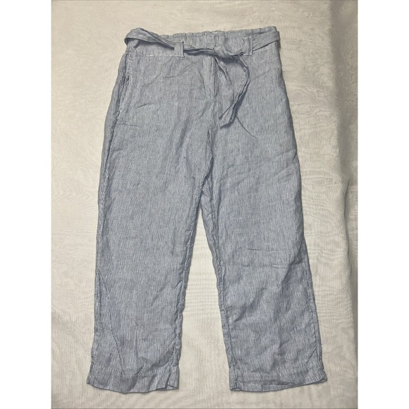 Chico's Pants - Chicos Linen Crop Belted Pants Size 1.5 US 10 Blue White Stripe Straight Leg